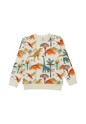 Children’s cream sweatshirt with colorful dinosaur, palm tree, and volcano patterns in orange, blue, and green tones.