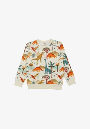 Kinder-Sweatshirt in Creme mit bunten Mustern aus Dinosauriern, Palmen und Vulkanen in Orange-, Blau- und Grüntönen.
