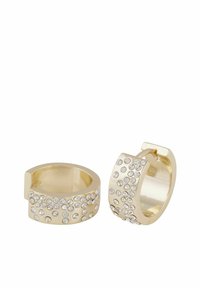 Guldtonade hoopörhängen med en slät yta, prydda med klara rhinestones arrangerade i ett prickmönster.