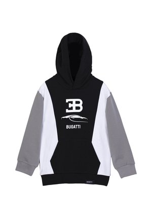 Felpa con cappuccio nera, bianca e grigia con tasca frontale, logo Bugatti, grafica di un'auto e scritta "BUGATTI" sul petto.