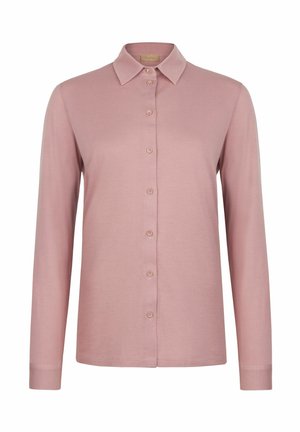 Skjorta med knappar i ljusrosa tyg, med krage, långa ärmar och texturerad yta med matchande knappar på framsidan.