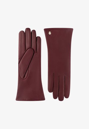 Burgundy leather gloves featuring a smooth texture, fitted design, and an accent logo on the wrist, with a classic five-finger silhouette.