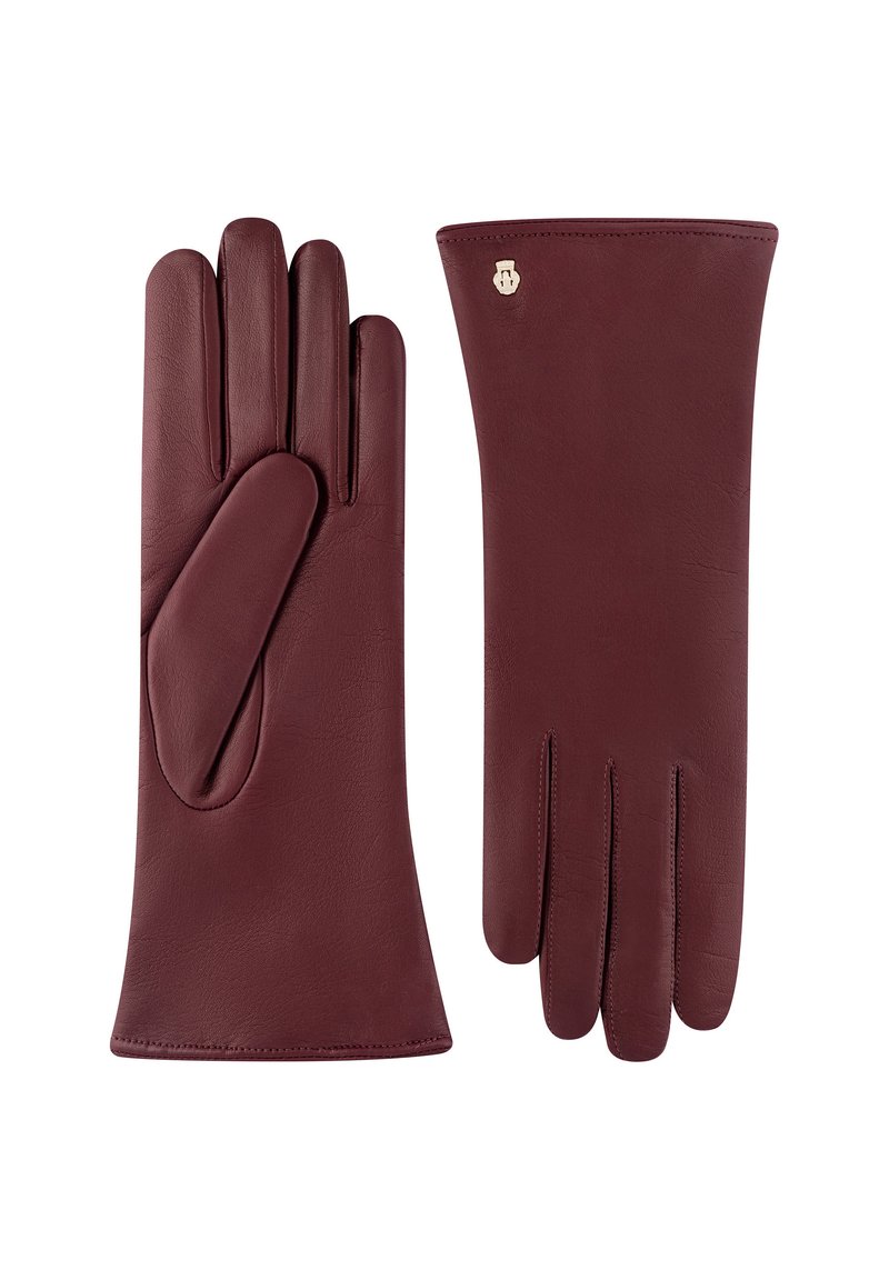 Burgundy leather gloves featuring a smooth texture, fitted design, and an accent logo on the wrist, with a classic five-finger silhouette.