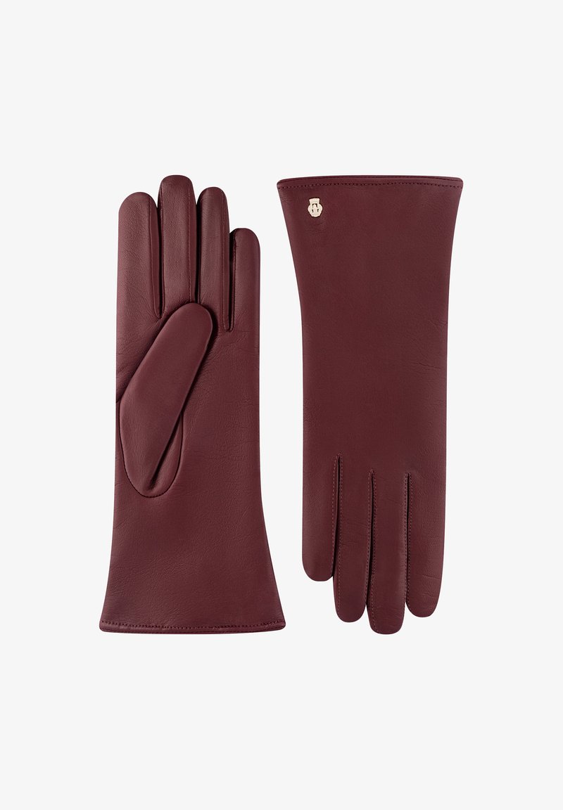 Burgundy leather gloves featuring a smooth texture, fitted design, and an accent logo on the wrist, with a classic five-finger silhouette.