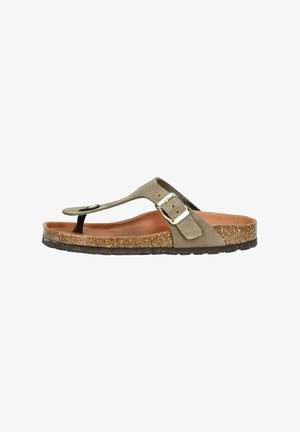 Sandale en tongs en daim vert olive, avec une semelle intermédiaire en liège et une sangle noire. Comprend une boucle en métal et une semelle texturée pour une meilleure adhérence.