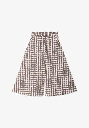 Shorts à taille haute et jambes larges avec ceinture élastique, tissu blanc orné de grands pois marron régulièrement espacés.