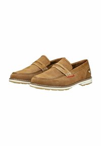 Scarpe slip-on marroni realizzate in tessuto testurizzato, con perforazioni, due cinturini, suola bianca e dettagli di cucitura a contrasto.