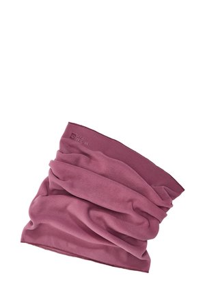 Fleece nekwarmer in diep mauve, met een zachte textuur, gedrapeerde plooien en een logo dat nabij de bovenrand is geperst.