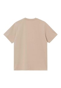 Camiseta beige de manga corta con cuello redondo, hecha de tela de algodón suave. Sencilla, de color sólido con un corte recto y sin diseños visibles.