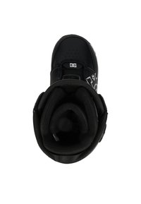 Schwarzer Snowboardstiefel mit gepolstertem Innenfutter, runder Zehenform und verstellbarem Riemen. Besitzt ein Logo und einen Stern-Grafik auf der Seite.