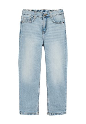 Šviesiai mėlynos džinsinės kelnės su elastine juosmens dalimi, priekyje mygtukas, užtrauktukas ir penkių kišenių dizainas, su šiek tiek išblukusiais šlaunų plotais.