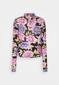 Langarm-Turtleneck-Oberteil aus elastischem Stoff, mit schwarzem Grund und floralen Mustern in Pink und Blau sowie beigen Blättern.