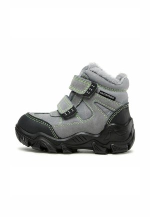 Gray waterproof children's winter boot with black sole, two Velcro straps, and fuzzy interior lining for warmth and comfort.