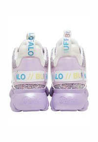 Purple glittered sneakers with a white mesh upper, featuring a prominent blue and yellow logo band on the heel and textured midsoles.