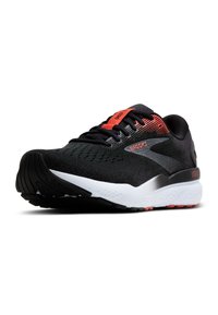 Scarpa da corsa nera con una parte superiore testurizzata, accenti rossi e una suola intermedia bianca. Caratterizzata da un design leggero e dettagli a motivo.