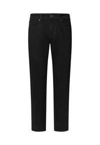Mustad denim teksad otse lõikega, millel on viis taskut, ees nööbi sulgemine ja vöörihmade silmad. Sile tekstuur, ilma mustrite või aktsentideta.