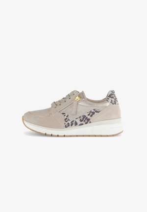 Beige suede sneaker with leopard print accents, textured upper, lace-up design, and a cushioned white sole with a light brown outsole.