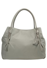 Szara skórzana torebka o gładkiej fakturze. Posiada dwa krótkie uchwyty, zamykane boki i małą dekoracyjną zawieszkę po jednej stronie.