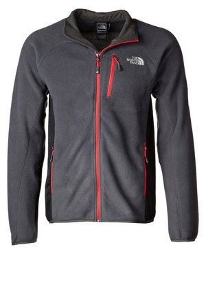 Męska ciemnoszara kurtka polarowa z czerwonymi zamkami, trzema kieszeniami na zamek i logo The North Face na piersi.