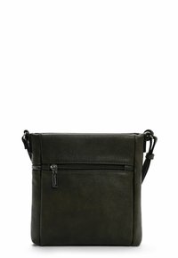 Dark green leather crossbody bag with a rectangular shape, featuring a front zip pocket and a detachable shoulder strap. Smooth texture.