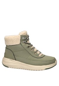 Olijfgroene hoge laarzen met een crèmekleurige faux fur kraag, geperforeerde textuur en kleur-gecoördineerde veters. Voorzien van een dikke beige rubberen zool.