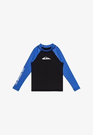 Black and blue long-sleeve rash guard with a round neckline, featuring a white logo on the chest and text on the left sleeve.