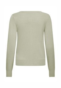 Pull vert clair à manches longues, fabriqué en maille douce et texturée. Présente un col large ainsi que des poignets et un ourlet côtelés. Vue de dos uniquement.