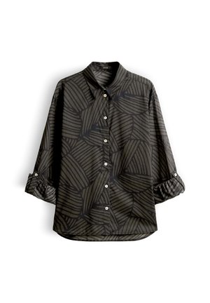 Camicia nera a maniche lunghe con bottoni, polsini risvoltati e motivo astratto a foglia a strisce grigio scuro.