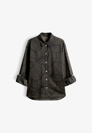 Camicia nera a maniche lunghe con bottoni, polsini risvoltati e motivo astratto a foglia a strisce grigio scuro.