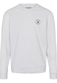 Bílé dlouhé rukávy se svetrem s kulatým výstřihem, malým černým logem a textem U.S. Polo Assn. na levé části hrudi.