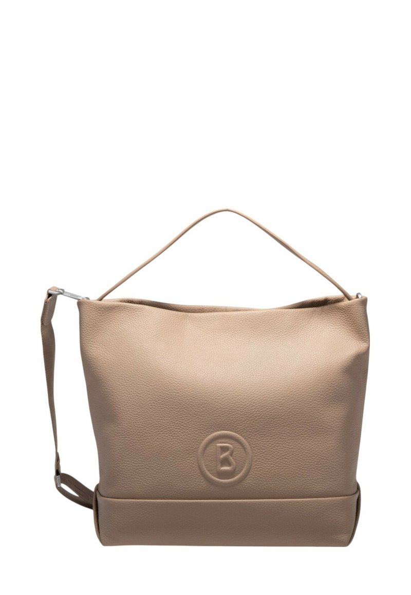 Sac à bandoulière en cuir beige à texture lisse, doté d'une poignée supérieure et d'une bandoulière amovible. Détail de logo embossé sur le devant.