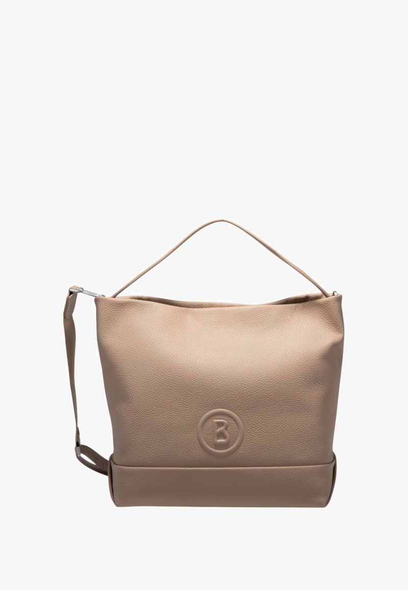 Sac à bandoulière en cuir beige à texture lisse, doté d'une poignée supérieure et d'une bandoulière amovible. Détail de logo embossé sur le devant.