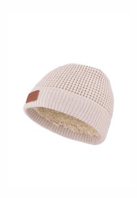 Lichtbeige gebreide beanie met een gestructureerde buitenkant en zachte, fluffy voering. Bevat een rechthoekig leren label aan de zijkant.