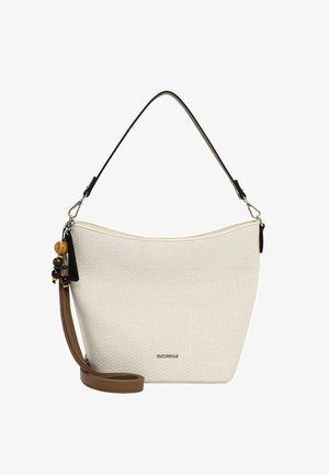 Skuldertaske med cremefarvet tekstur, brun justerbar rem, trækuglevedhæng og sølvfarvet logemblem foran.