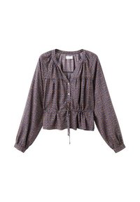 Langærmet bluse med peplumkant, der har et geometrisk mønster i mørkeblå og orange, knaplukning og snøre detaljer i taljen.