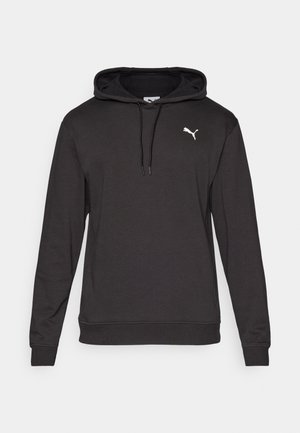 Hanorac negru cu mâneci lungi, cu buzunare frontale, glugă cu șnur, manșete ribbate și un mic logo alb Puma pe pieptul stâng.