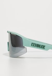 Ein Paar mintgrüne Sonnenbrillen mit einem eleganten Design, dunklen Verlaufslinsen und dem eingravierten Logo "BLIZ" an dem Bügel.