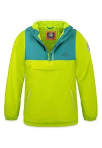Helle grüne Windjacke mit einem türkisfarbenen oberen Abschnitt, zwei Seitentaschen und elastischen Bündchen. Verfügt über eine Frontreißverschlusstasche und eine Kapuze.