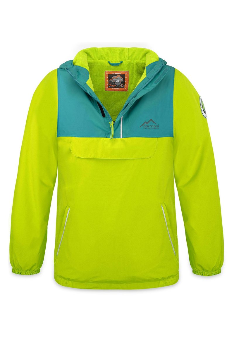 Helle grüne Windjacke mit einem türkisfarbenen oberen Abschnitt, zwei Seitentaschen und elastischen Bündchen. Verfügt über eine Frontreißverschlusstasche und eine Kapuze.