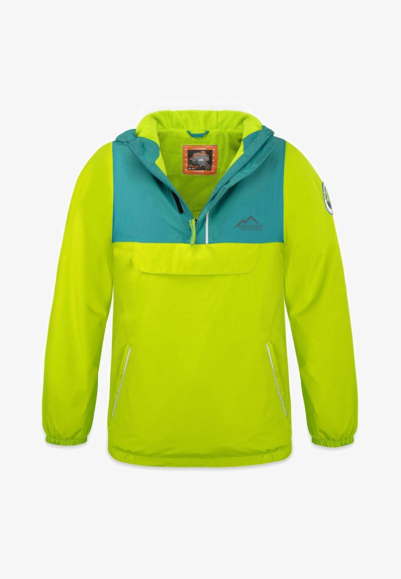 Helle grüne Windjacke mit einem türkisfarbenen oberen Abschnitt, zwei Seitentaschen und elastischen Bündchen. Verfügt über eine Frontreißverschlusstasche und eine Kapuze.