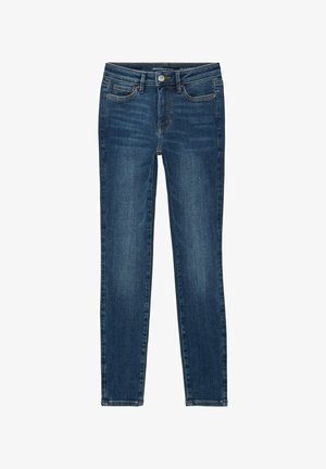 Jeans skinny in denim blu scuro, con un classico design a cinque tasche, cuciture dritte e chiusura con bottone e zip.