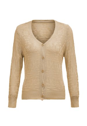 Beige neulecardigan, jossa on V-pääntie, pitkät hihat, viisi napin suljinta ja teksturoitu pinta kauttaaltaan. Valmistettu pehmeästä, kevyestä materiaalista.