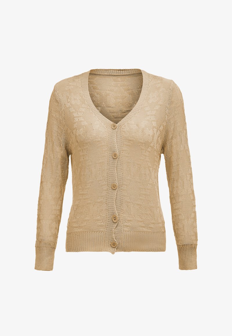 Cárdigan de punto beige con escote en V, mangas largas, cinco botones en la parte delantera y un patrón texturizado en toda la prenda. Fabricado con material suave y liviano.