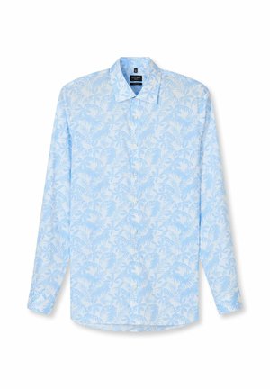 Camicia a maniche lunghe con bottoni, azzurro chiaro e bianca, con un motivo sottile di fiori e foglie, colletto classico e design slim fit.