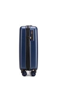 Valigia rigida blu navy con finitura liscia, ruote doppie, zip centrale e combinazione integrata per maggiore sicurezza.