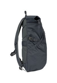 Dunkelgrauer Rucksack mit Rolltop-Design, gepolstertem Rückenpanel, verstellbaren Trägern und seitlicher Netztasche für Wasserflasche oder Zubehör.