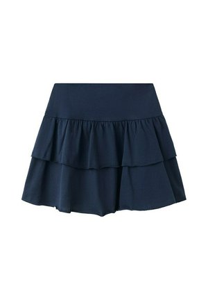 Tmavomodrá viaczvrstvová sukňa so širokým pásom a zdobeným riaseným volánom vpredu.