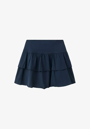 Tmavomodrá viaczvrstvová sukňa so širokým pásom a zdobeným riaseným volánom vpredu.