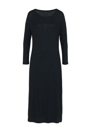 Musta, pehmeästä kankaasta valmistettu pitkähihainen mekko, jossa on pyöreä pääntie ja koristeellinen kuvio rinnassa. Yksinkertainen, suora siluetti.