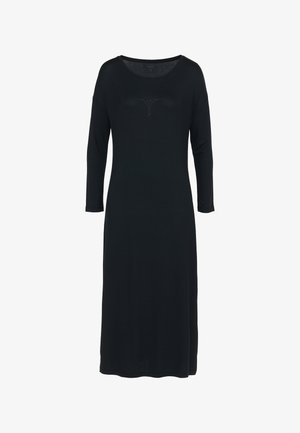 Musta, pehmeästä kankaasta valmistettu pitkähihainen mekko, jossa on pyöreä pääntie ja koristeellinen kuvio rinnassa. Yksinkertainen, suora siluetti.